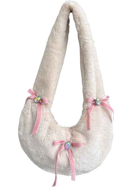 Tasarım Peluş Kurdeleli Krem Renk Taşlı Kol Çantası fiyatları