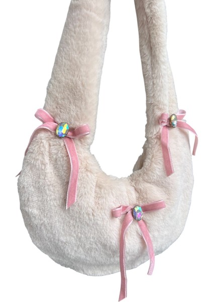 Tasarım Peluş Kurdeleli Krem Renk Taşlı Kol Çantası modelleri