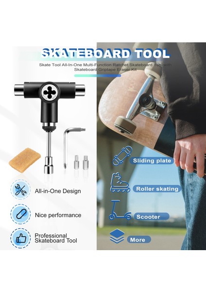 Skate Tool Entegrasyonu Çok Fonksiyonlu Ratchet Kaykay Aleti ve Kaykay Tutma Bandı Silgi Seti (Yurt Dışından) indirimleri