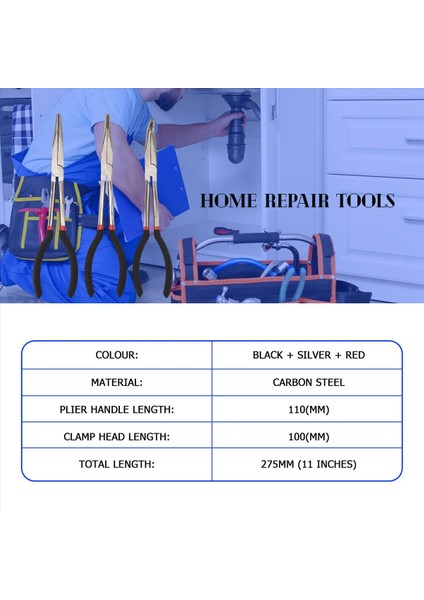 3x 11 Inç Burun Pensesi Seti Düz ve Eğik Uçlu Mekanik Alet (Yurt Dışından) modelleri