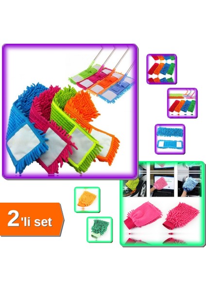 Mikrofiber Makarna Mop Paspas Yedeği 60 cm + Temizlik Eldiveni - Araç Yıkama 2li Set Lıtglz