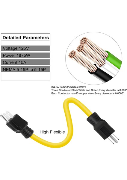 Ft 3 Uçlu Fişten Fişe Çift Erkek Uzatma Kablosu, 12AWG 125V Nema 5-15P Ila 5-15P Kablo Adaptörü, Karavan, Transfer Anahtarı Için (Yurt Dışından) modelleri