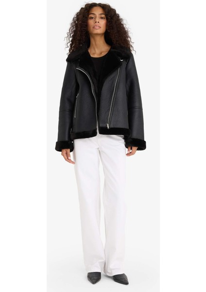 Regular Fit Suni Kürk Astarlı Fermuarlı Suni Deri Ceket Mont F1822AX25WN fiyatları