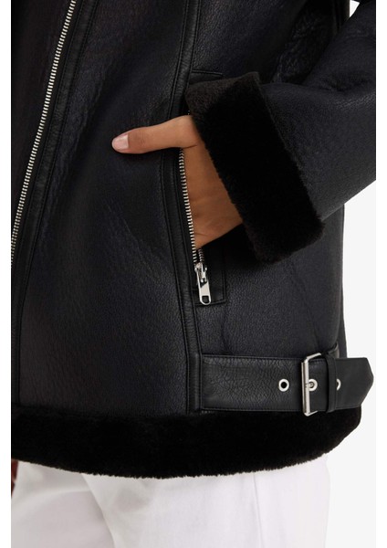 Regular Fit Suni Kürk Astarlı Fermuarlı Suni Deri Ceket Mont F1822AX25WN indirimleri