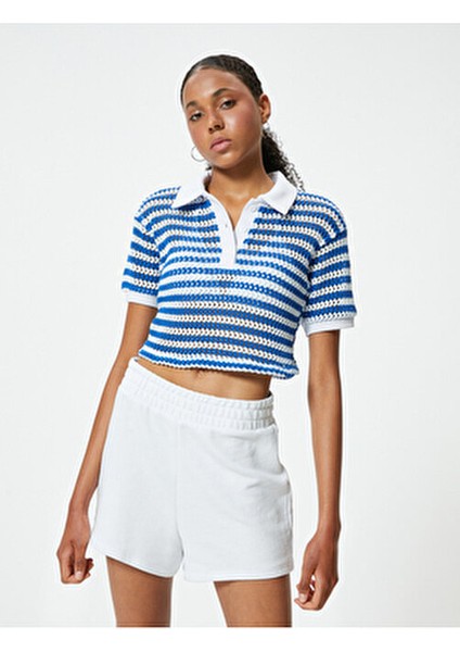 Kadın Kroşe Polo Yaka Tişört Kısa Kollu Düğme Detaylı Çizgili Tasarım fırsatları