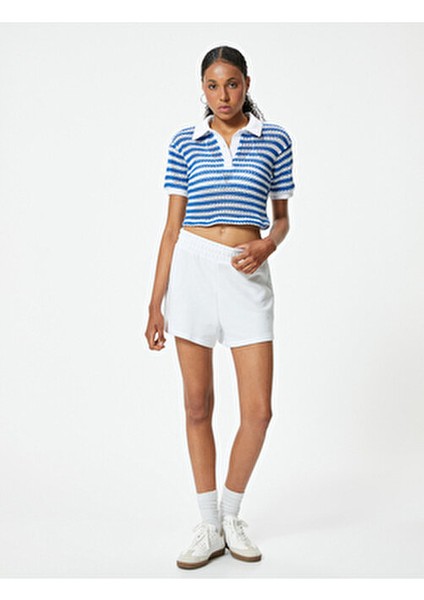 Kadın Kroşe Polo Yaka Tişört Kısa Kollu Düğme Detaylı Çizgili Tasarım indirimleri