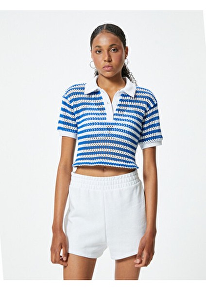 Kadın Kroşe Polo Yaka Tişört Kısa Kollu Düğme Detaylı Çizgili Tasarım