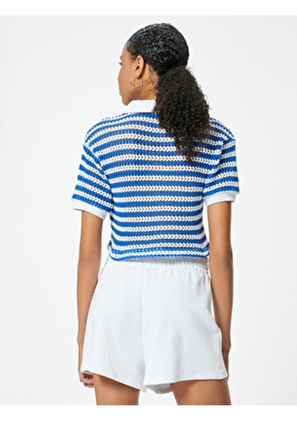 Kadın Kroşe Polo Yaka Tişört Kısa Kollu Düğme Detaylı Çizgili Tasarım