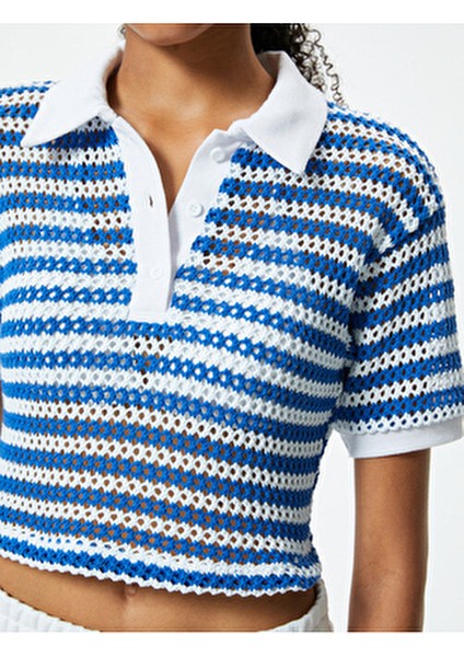 Kadın Kroşe Polo Yaka Tişört Kısa Kollu Düğme Detaylı Çizgili Tasarım