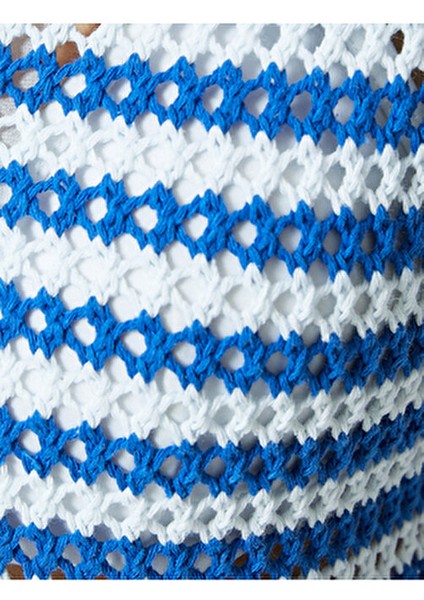 Kadın Kroşe Polo Yaka Tişört Kısa Kollu Düğme Detaylı Çizgili Tasarım