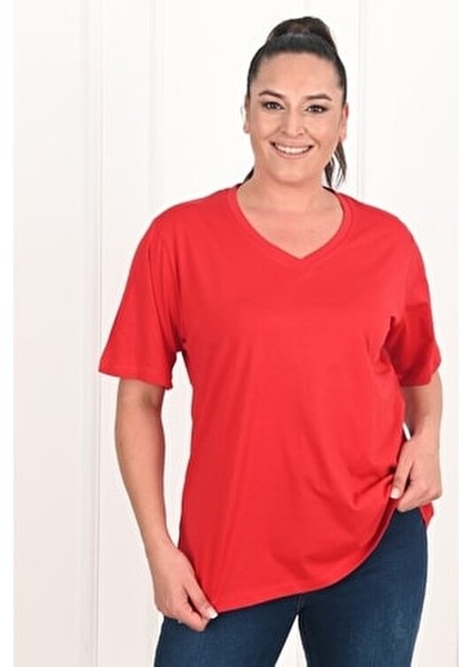 Kadın Basic T-Shirt Kısa Kol V Yaka 3XL Düz Renk Alerjik Reaksiyon Yapmaz