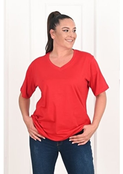 Kadın Basic T-Shirt Kısa Kol V Yaka 3XL Düz Renk Alerjik Reaksiyon Yapmaz