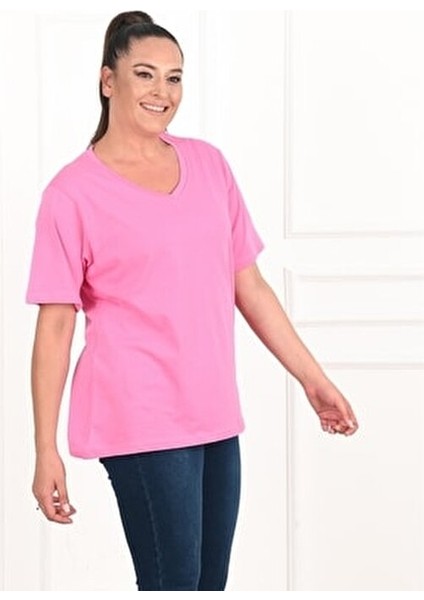 Kadın V Yaka Basic Büyük Beden T-Shirt 1297-22 Truvakar Kol Düz Kahverengi indirimleri