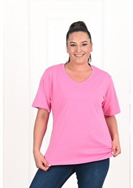 Kadın V Yaka Basic Büyük Beden T-Shirt 1297-22 Truvakar Kol Düz Kahverengi