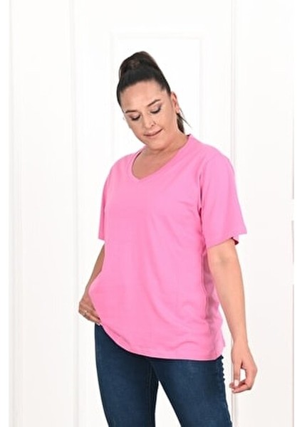 Kadın V Yaka Basic Büyük Beden T-Shirt 1297-22 Truvakar Kol Düz Kahverengi