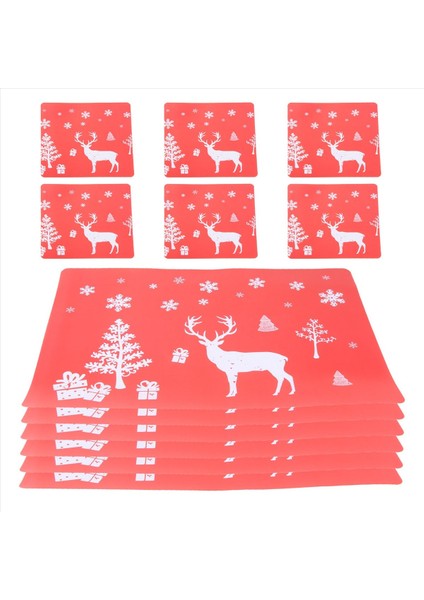 Noel Placemat Yıkanabilir Masa Yer Paspas Setleri 6 Placemat &amp 6 Bardak Paspas Geyik Noel Ağacı Kar Tanesi Basılı (Kırmızı) (Yurt Dışından)