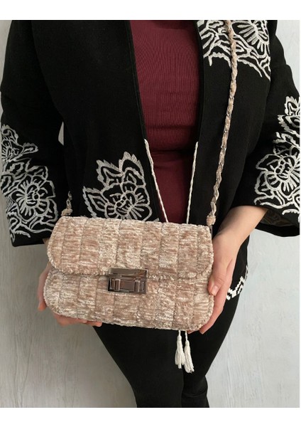 El Yapımı Kadife & Kanvas Örgü Kadın Omuz Çantası -Bej