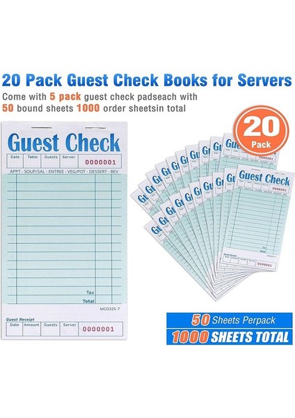 Konuk Çekler Kitabı 20 Pack Sunucu Not Pedleri Garson Aksesuar Kablo Pedleri Restoran Malzemeleri Sipariş Pedleri 1000 Sayı Toplam (Yurt Dışından) fiyatları