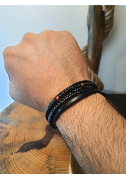 JTAW25BLK1636 Hakiki Deri Mıknatıs Kapama Akik ve Onyx Doğaltaş Siyah Garantili Hediye Kutulu Janti Bileklik