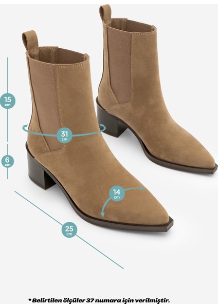 Kadın Sivri Burun Kalın Topuklu Çift Lastikli Topuklu Bot Ropes Taba Süet