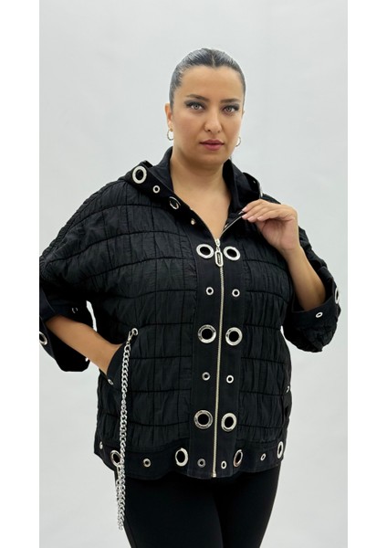 Büyük Beden Kapüşonlu Zincir Detaylı Kısa Ince Rüzgarlık Kadın Ceket fiyatları