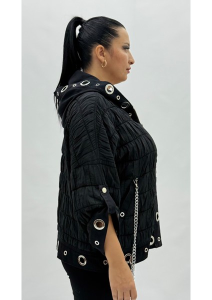 Büyük Beden Kapüşonlu Zincir Detaylı Kısa Ince Rüzgarlık Kadın Ceket modelleri