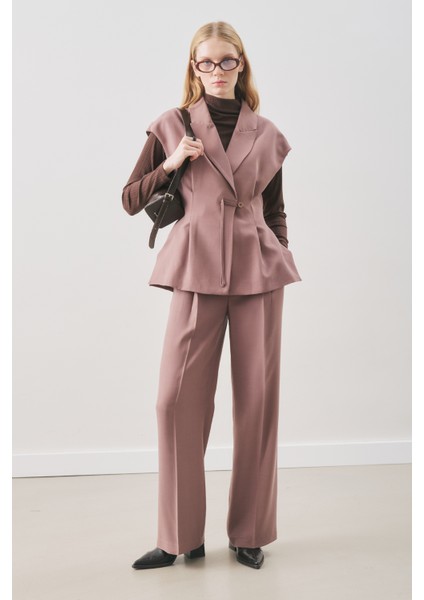 Dökümlü Tencel Kemerli Yelek Gülkurusu