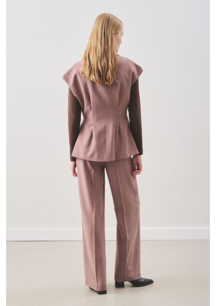 Dökümlü Tencel Kemerli Yelek Gülkurusu