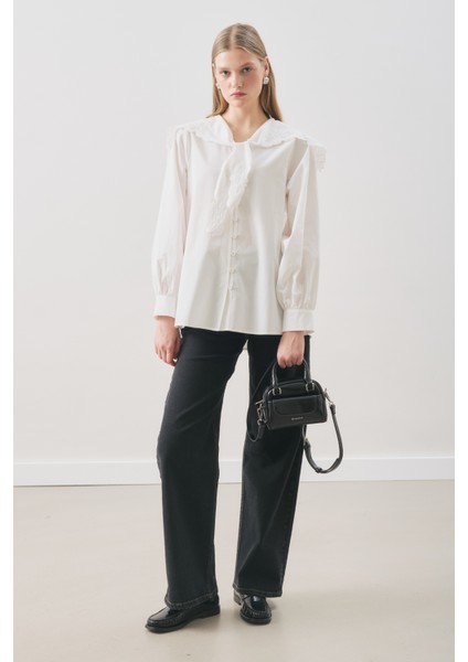 Nakışlı Geniş Yaka Gömlek Ekru fiyatları