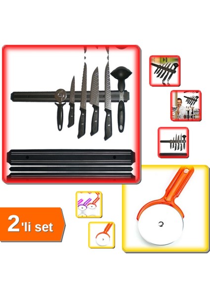 Mıknatıslı Bıçak Askısı 33CM + Hamur Ruleti Düz - Pizza Kesici - Mutfak Gereçleri - 2li Set 6CB8E7