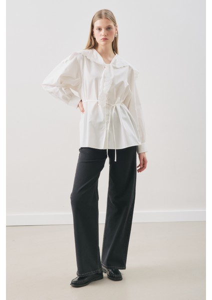 Nakışlı Geniş Yaka Gömlek Ekru fırsatları