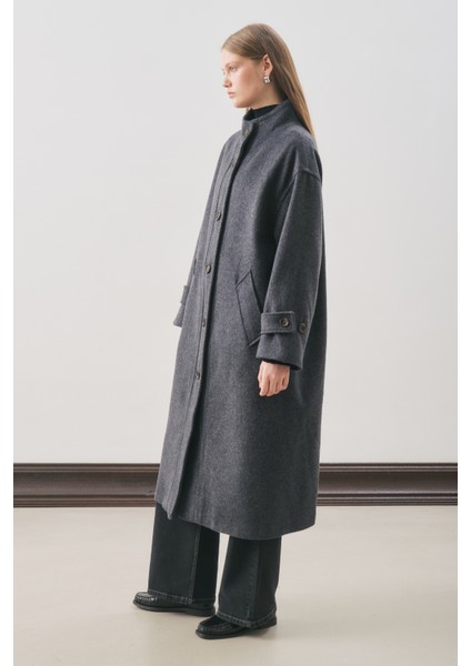 Raı Oversıze Yünlü Kaban Lacivert