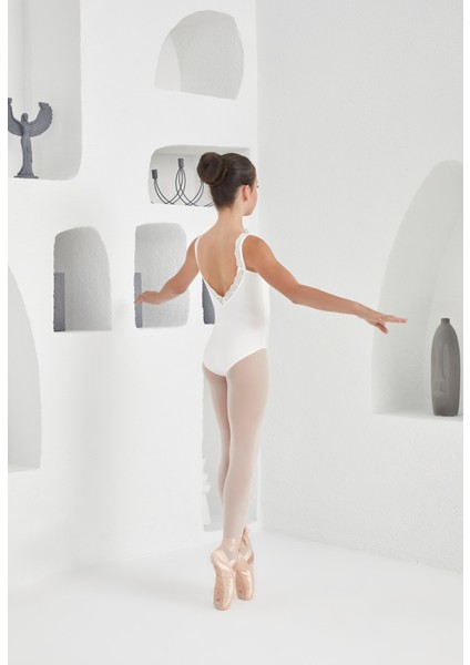 Bale Jimnastik Dans Mayosu Beyaz Sırtı Açık Dantelli Mayo Gösteri Yarışma Yılbaşı Etkinlik