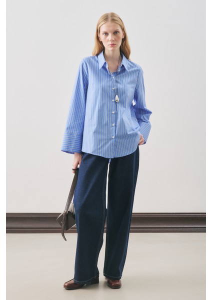 Oversıze Çizgili Gömlek Mavi Çizgi