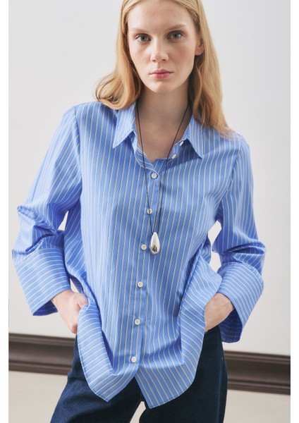 Oversıze Çizgili Gömlek Mavi Çizgi fırsatları