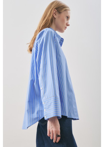Oversıze Çizgili Gömlek Mavi Çizgi indirimleri