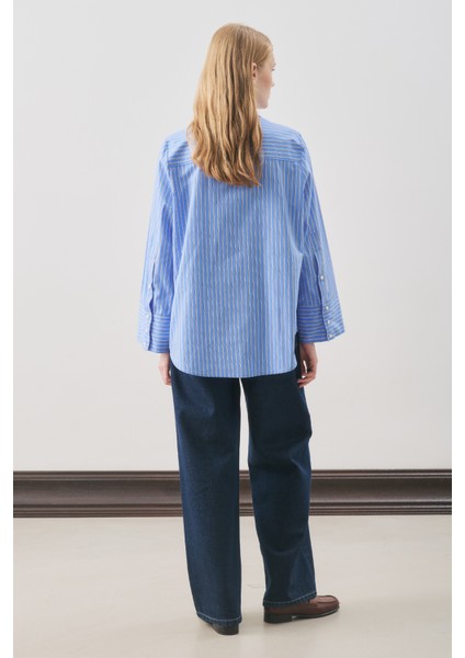 Oversıze Çizgili Gömlek Mavi Çizgi