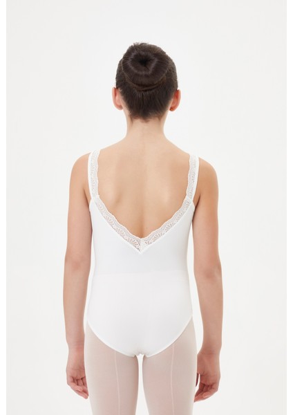 Bale Jimnastik Dans Mayosu Beyaz Sırtı Açık Dantelli Mayo Gösteri Yarışma Yılbaşı Etkinlik