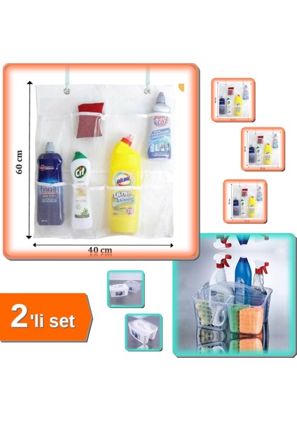 Beyaz Buzdolabı Düzenleyici Sepet + 8 Cepli Askılı Mutfak Organizer - Pratik 2li Set 6YC13R