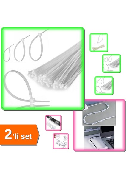 50 Adet Cırt Kelepçe Kablo Bağı + 20 Adet Yapışkanlı Kablo Klipsi - Kablo Düzenleyici 2li Set ZG2ETW