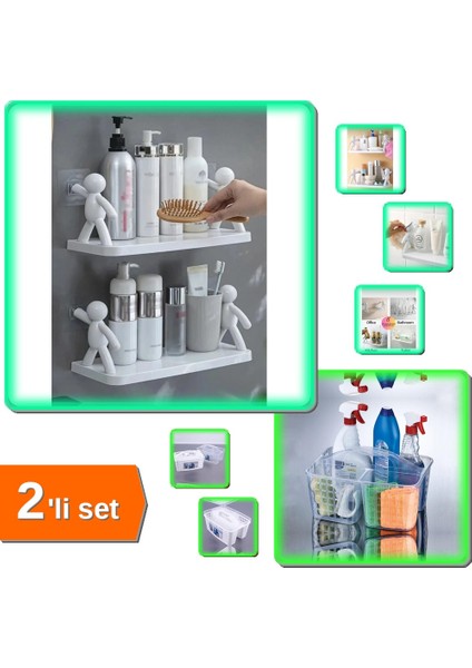 2 Adet Yapışkanlı Baharatlık Raf - Makyaj Organizer + Beyaz Buzdolabı Sepeti Caddy - 2li Set XRC7LM