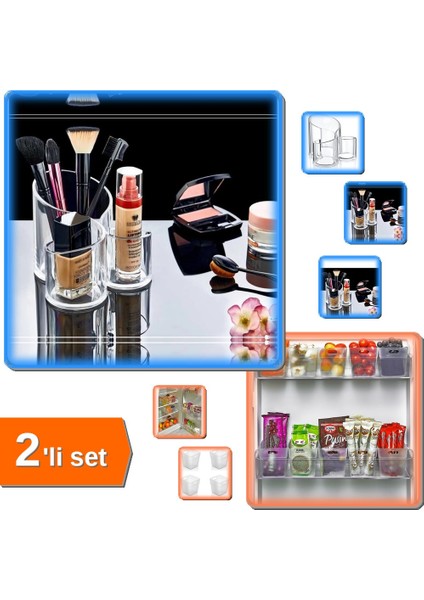 Makyaj Organizeri Şeffaf 3 Gözlü + 6 Adet Buzdolabı Içi Mini Düzenleyici Kutu - Pratik 2li Set 719C0U
