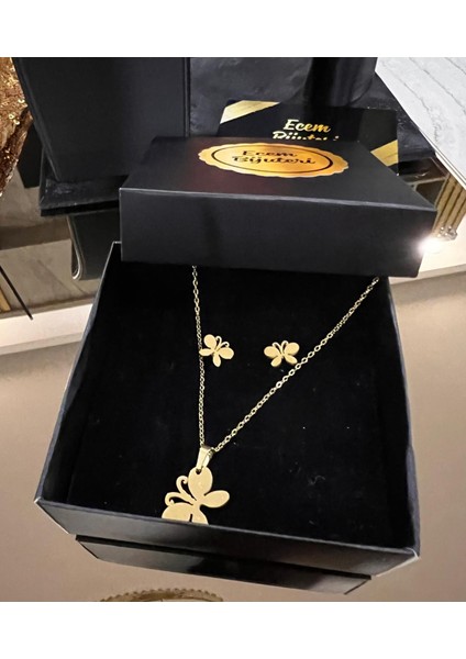 Ecem Bjiuteri Çelik Altın Kaplama Kelebek Kolye Küpe Set modelleri