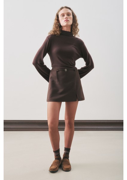 Kemer Detaylı Mini Etek Acı Kahve
