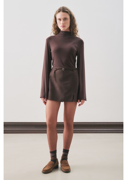 Kemer Detaylı Mini Etek Acı Kahve modelleri