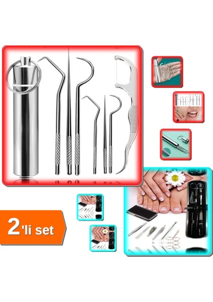 8 Parça Paslanmaz Çelik Ağız Diş Tartar Sökücü + Deri Çantalı 6 Parça Manikür Seti - 2li Set T791G3