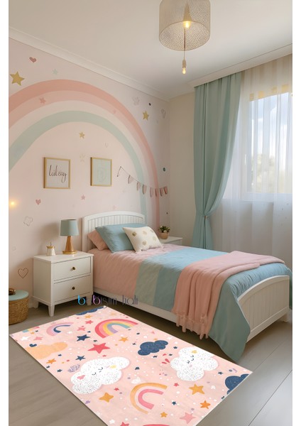 Renkli Hayaller Gökkuşağı Bulut Bambu Çocuk Odası Halısı