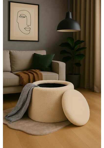 mutlu evimiz dekoratif - krem renkli - sandıklı - yuvarlak puf - çok amaçlı kullanım - modern bench