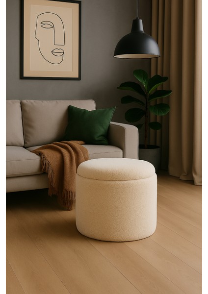 mutlu evimiz dekoratif - krem renkli - sandıklı - yuvarlak puf - çok amaçlı kullanım - modern bench fiyatları