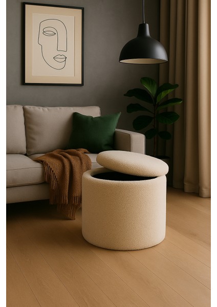 mutlu evimiz dekoratif - krem renkli - sandıklı - yuvarlak puf - çok amaçlı kullanım - modern bench modelleri